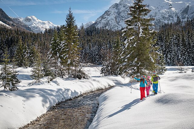 <p>Idyllische Schneeschuhwanderung am Marbach in Flachauwinkl.</p>